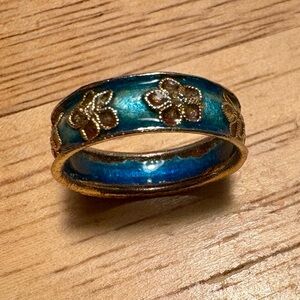 Vintage 80’s Teal Green Chinese Enamel Gold Vermeil Floral Boho Ring